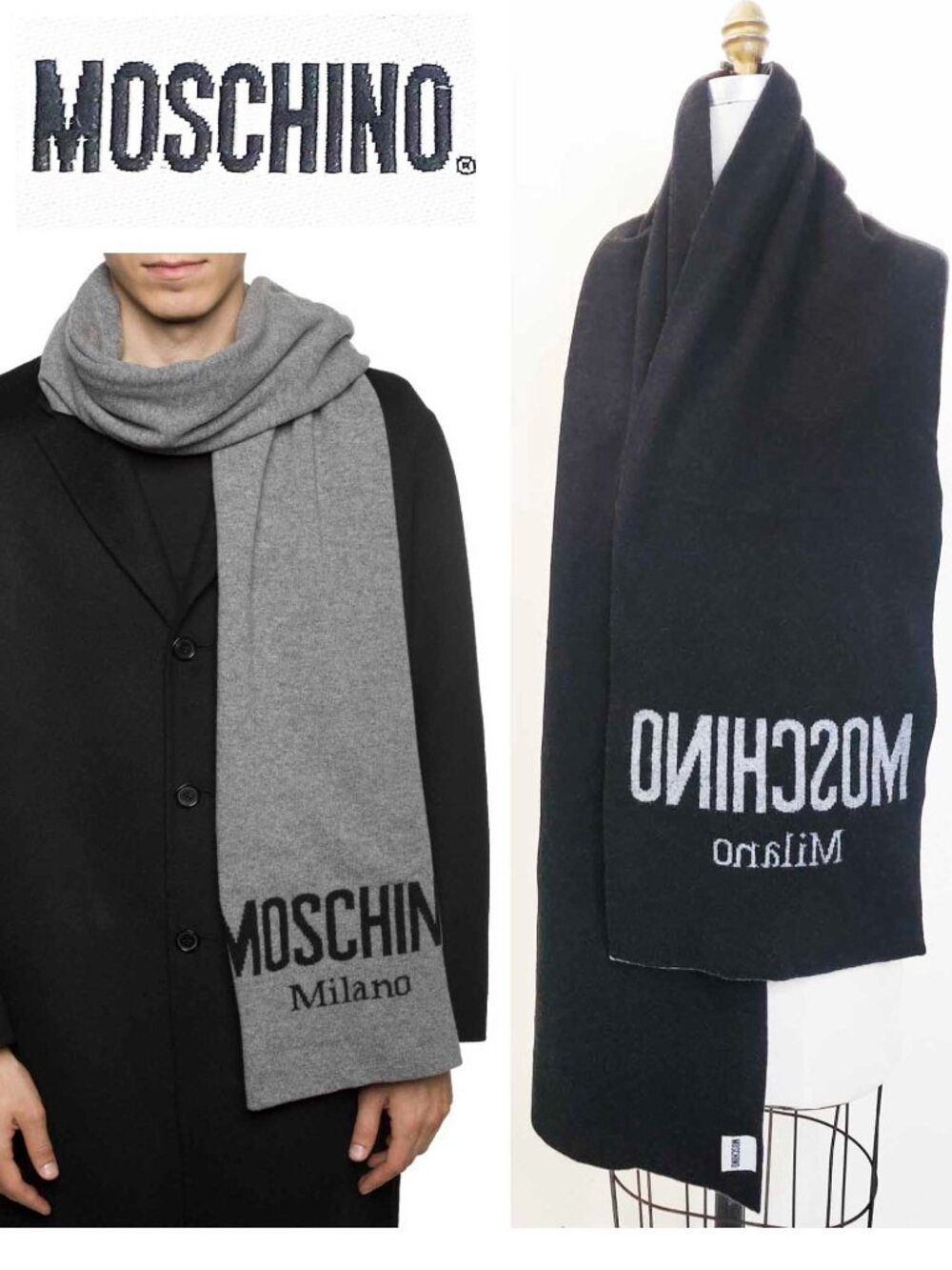 Moschino Unisex Wool Black Gray Logo Scarf Italy